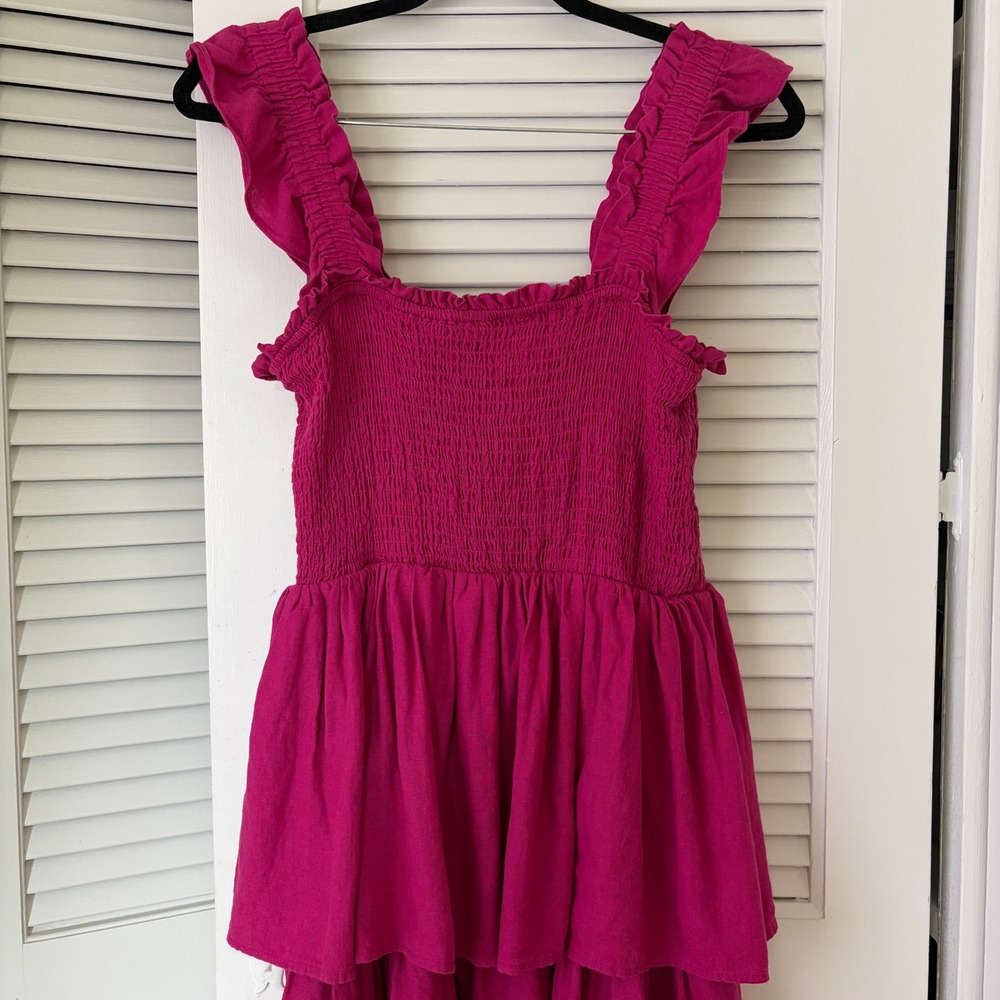Anthro x Avec Les Filles Tiered Linen Dress Smocked Sz 10 Fuchsia Pink Ruffle - Picture 4 of 8